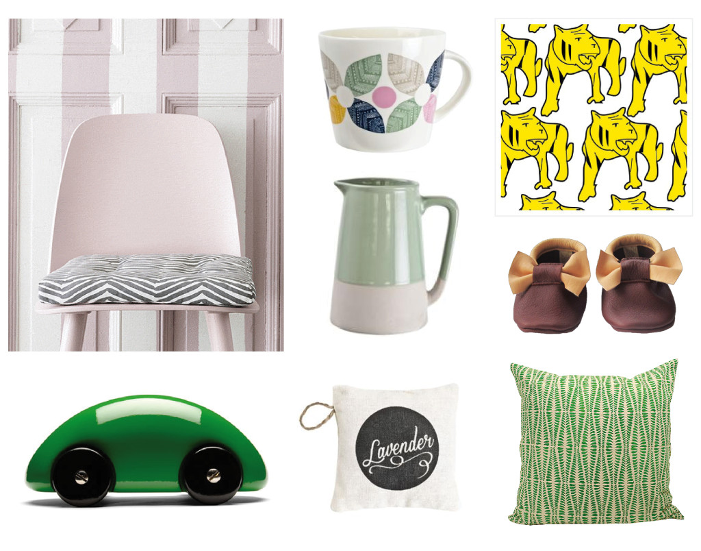 Sittdyna - H&M Home, Mugg - Lagerhause, Kanna - Lagerhause, Vykort - PemmyShop, Mockasiner - MiniMokks, Träbil - Playsam, Doftpåse - H&M Home, Kudde - Afroart