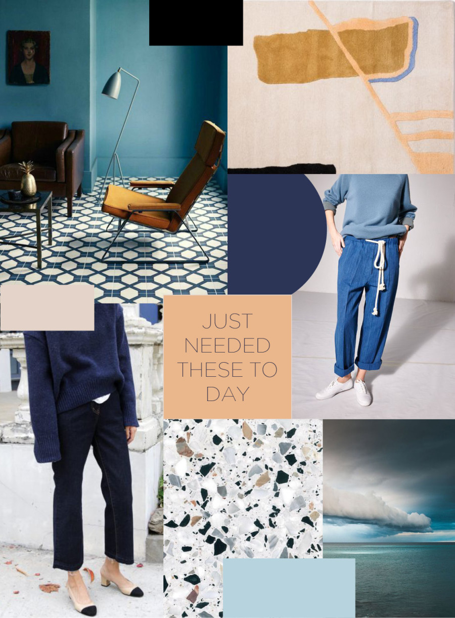 moodboard, mörkblått, peach, okra, jeans, denim